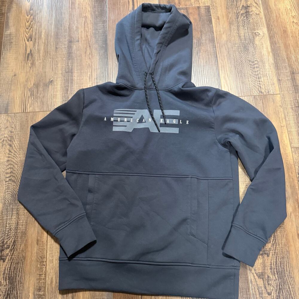 American Eagle AE Mens Small Washed Black Logo Pullover Hoodie Sweatshirt